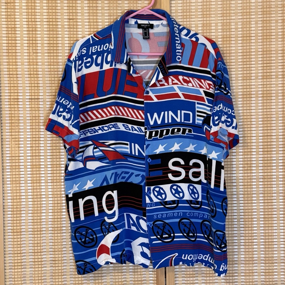Forever 21 Mens XL Short Sleeve Button‎ Up Racing Sailing Sportsman Resortwear
